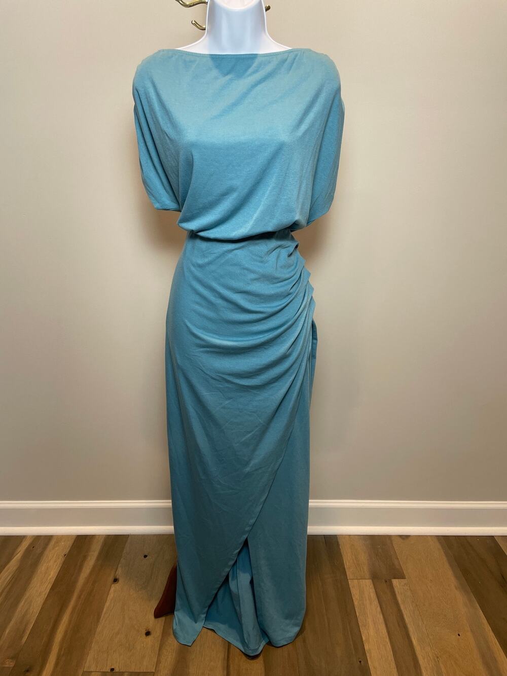 ANRABESS Maxi Dress Size M Turquoise Blousy Top Ruched Side Asymmetrical Slit